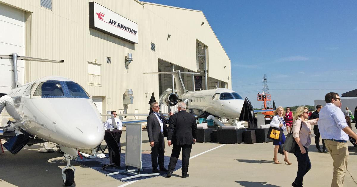 Jet Aviation St. Louis hosted its first NBAA regional forum in September, 
held in one side of the largest hangar, which is used for large-cabin business jet maintenance.