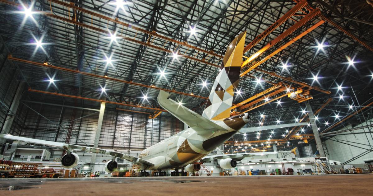 Etihad Airways A380 inside EAE’s MRO hangar.