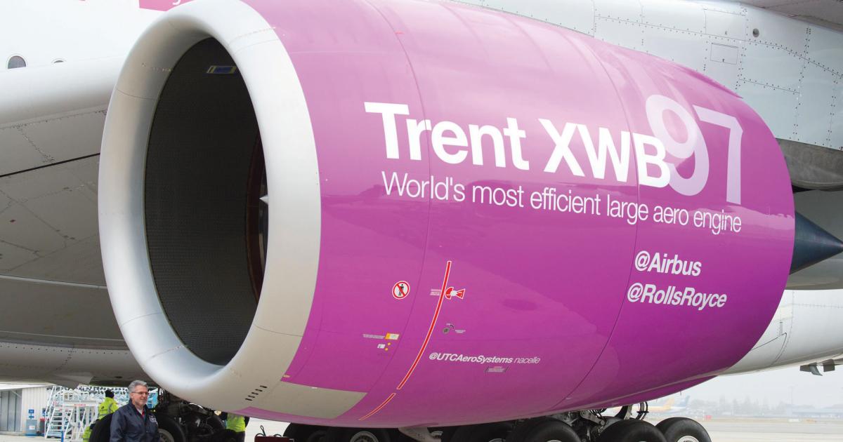 Rolls-Royce and Airbus expect to log about 120 hours of flight testing on the airframe manufacturer’s A380 flying testbed with the new 97,000-pound-thrust Trent XWB-97 engine. The latest from Rolls is intended for the stretched A350-1000 XWB, which is slated to enter service in mid-2017. 
