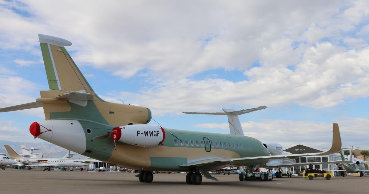Dassault’s new flagship Falcon 8X is making its North American public debut this week at NBAA 2015. The number-six aircraft in the program left the airframer’s Mérignac assembly line in France and detoured to Las Vegas to be on static display at the show before heading to Dassault's Little Rock, Ark., facility for completion. (Photo: Mariano Rosales/AIN)