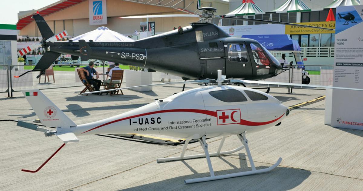 Automation advances in helicopters are being highlighted in the static display area, with an SD-150 Hero RUAS from Sistemi Dinamici S.p.A. in the foreground and a PZL-Swidnik SW-4 Solo behind it. A pilot is optional aboard the SW-4 while the SD-150, the product of a joint venture between IDS and AgustaWestland, can fly autonomous, preprogrammed missions.