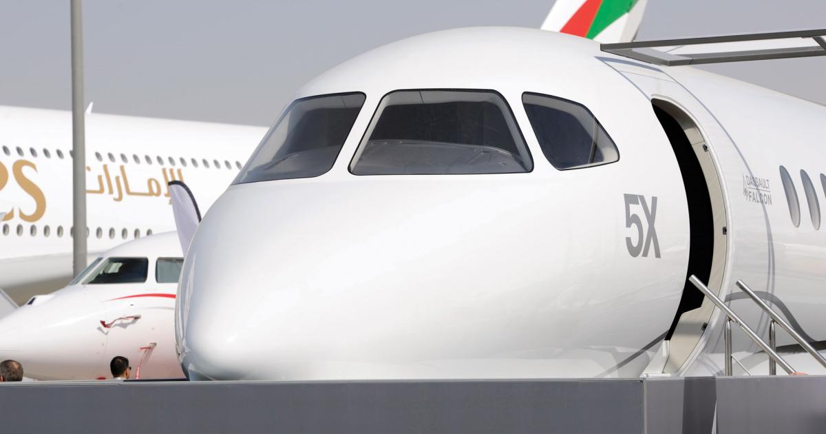Dassault’s Falcon 7X and 900LX are on static display alongside a 5X cabin mock-up.