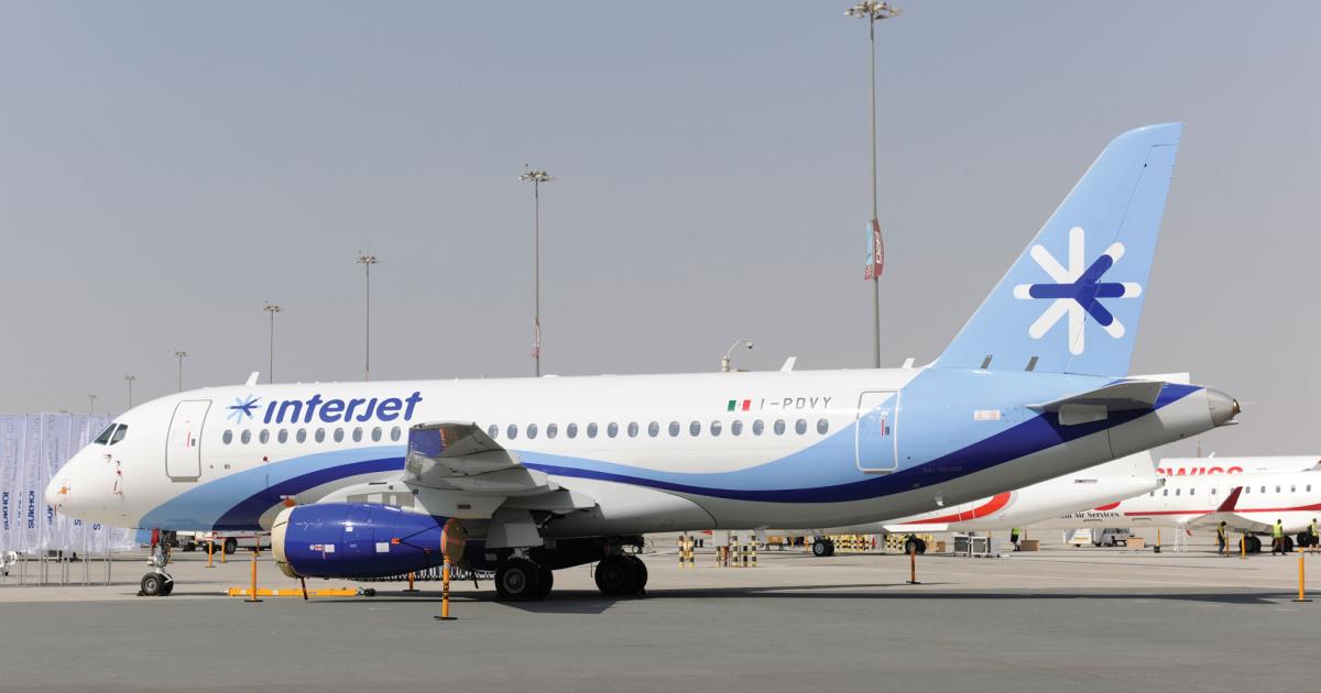 Mexican carrier Interjet operates 16 Superjet SSJ100 airframes, with 14 more firm orders placed. This one is in the static display area.