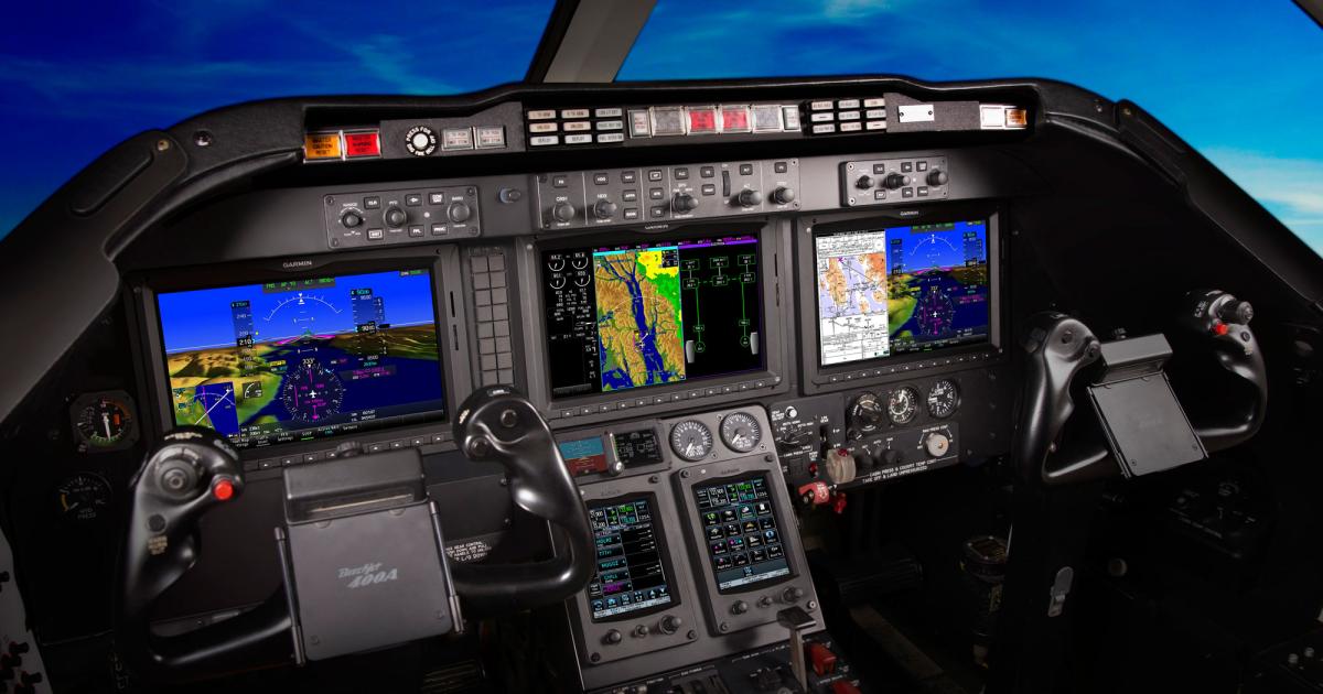 With three 12-inch landscape monitors and a pair of GTC 570 touchscreen controllers, Garmin’s G5000 flight deck is on pace for approval in the upgraded Beech/Hawker 400.