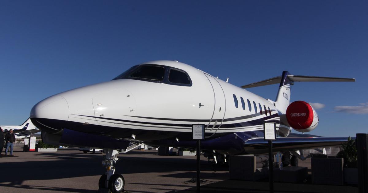 Textron Aviation is showing off a full-size Citation Longitude with a production interior this week at its NBAA static display at Las Vegas Henderson Airport. This airplane won’t fly—it is a ground-test article—but it was built on what will become production tooling. (Photo: Mariano Rosales/AIN)
