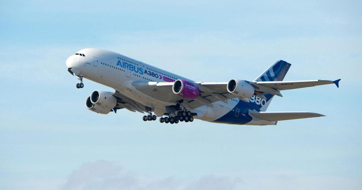 Rolls-Royce's new Trent XWB-97 turbofan made a first flight on an A380 flying testbed today. [Photo: Airbus]