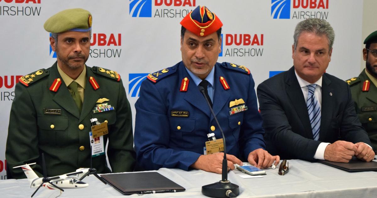 Maj. Gen. Abdul al-Hashmi announces UAE's selection of the AW609 tiltrotor at the 2015 Dubai Airshow. (Photo: Bill Carey) 