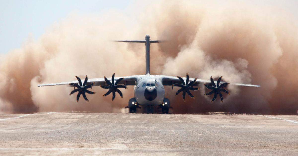 A development A400M lands on a gravel surface  runway. The airlifter has also landed on grass, soil and snow, and more tests next year will prove it can land on sand and other soft surfaces. (Photo: Airbus D&S)