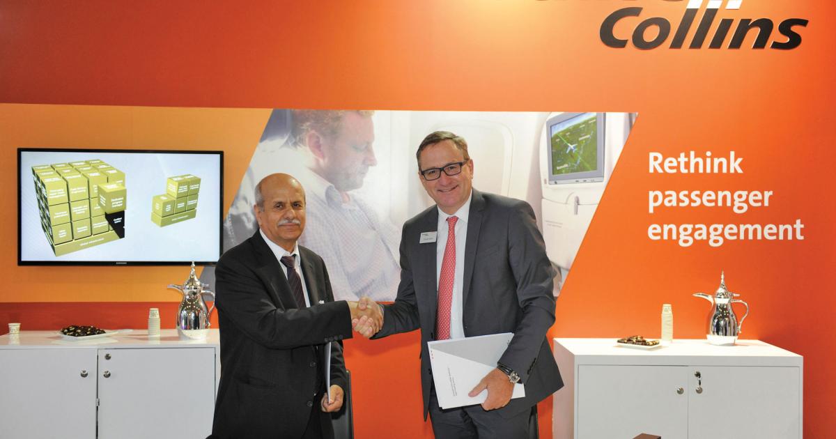 Abdulla Al Hudaid, COO at Jazeera Airways, left, and Claude Alber, Rockwell Collins’ vice president and managing director, Europe, Middle East and Africa, celebrate their companies’ latest agreement. (Photo: Mark Wagner)