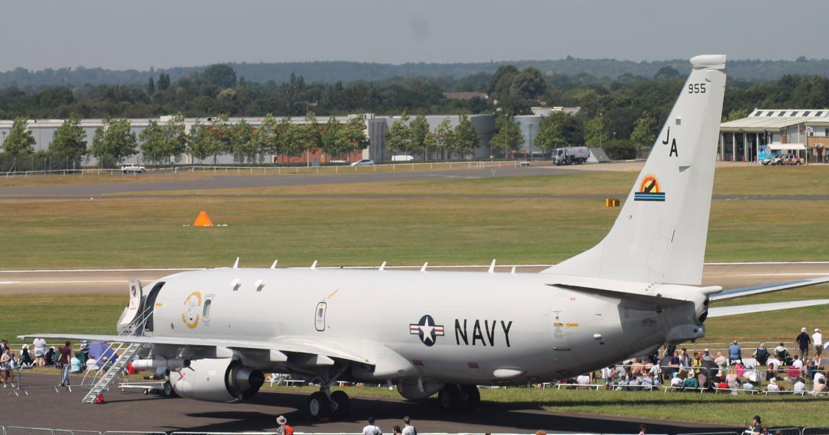 The U.S. Navy and Boeing displayed the P-8 Poseidon at the Farnborough airshow last year and briefed UK officials. (Photo: Chris Pocock)