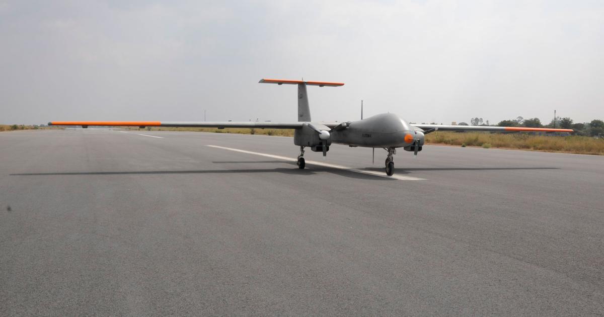 India’s own MALE UAV is shown during recent taxi trials. It is named Rustom-2 after an Indian aeronautical scientist. (Photo: HAL)