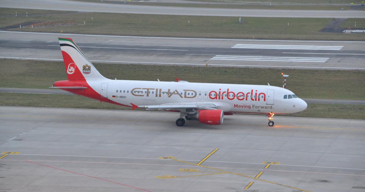 A co-branded Air Berlin Airbus A320 taxis at Zurich International Airport. (Photo: Flickr: <a href="http://creativecommons.org/licenses/by-sa/2.0/" target="_blank">Creative Commons (BY-SA)</a> by <a href="http://flickr.com/people/awilson154" target="_blank">Alec@B92</a>)