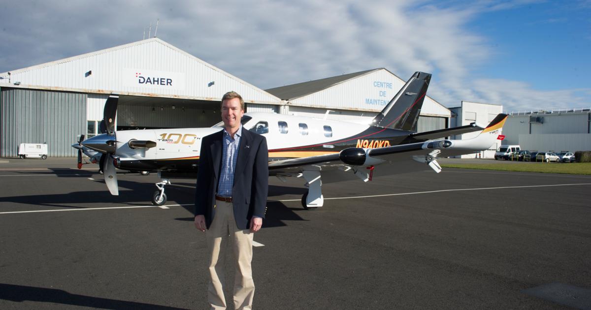 Dale Schneider, a North Carolina businessman and 3,000-hour-TT airplane and helicopter pilot, recently took delivery of the milestone 100th Daher TBM 900. The new turboprop single replaces a TBM 700C2 that Schneider purchased pre-owned in 2006 and has since flown some 1,000 hours. (Photo: Daher)