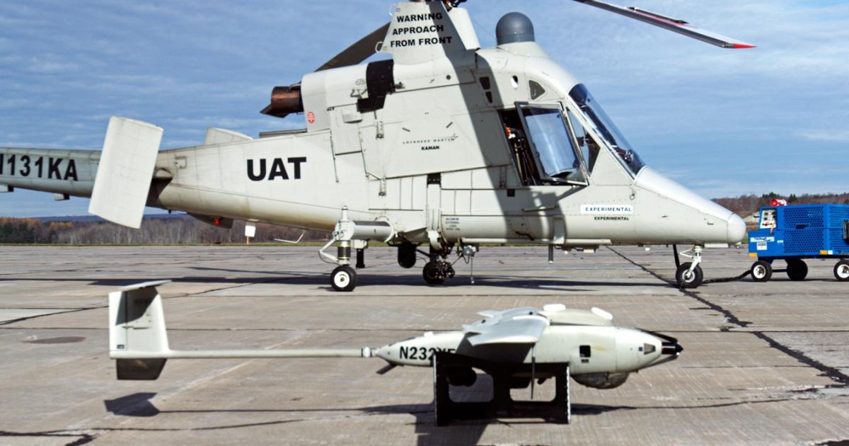 Lockheed Martin demonstrated a Stalker XE, foreground, and K-Max unmanned helicopter for firefighting. (Photo: Lockheed Martin)