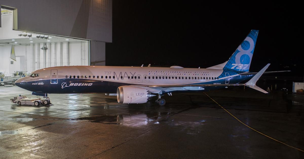 The first 737 Max 8 rolls out of its paint hangar in Renton, Washington. (Photo: Boeing)