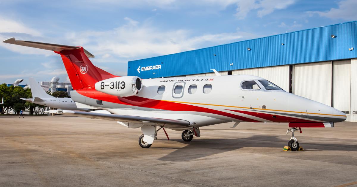 Wanfeng Aviation, a subsidiary of the Wanfeng Auto Holding Group, took delivery of the first Embraer Phenom 100E in China. The light jet will be used for passenger travel at Wanfeng Auto, which has businesses in automotive parts, machinery, financial investments, alternative energy and materials.