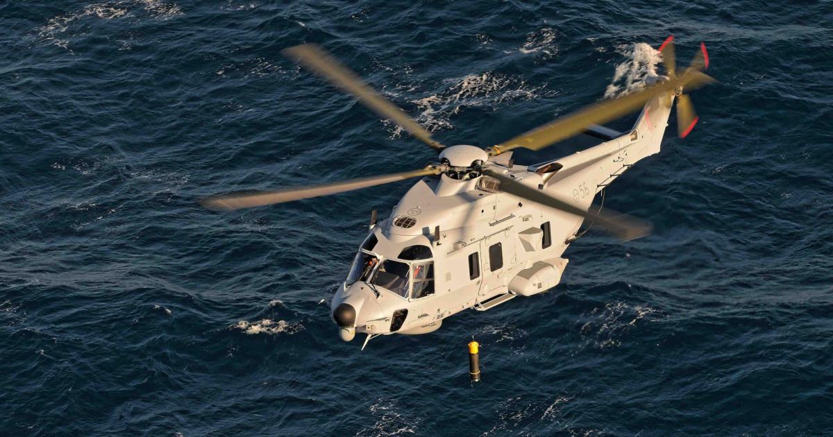 The first Swedish NH90 equipped for ASW deploys its sonar during flight tests before delivery. (Photo: Airbus Helicopters)