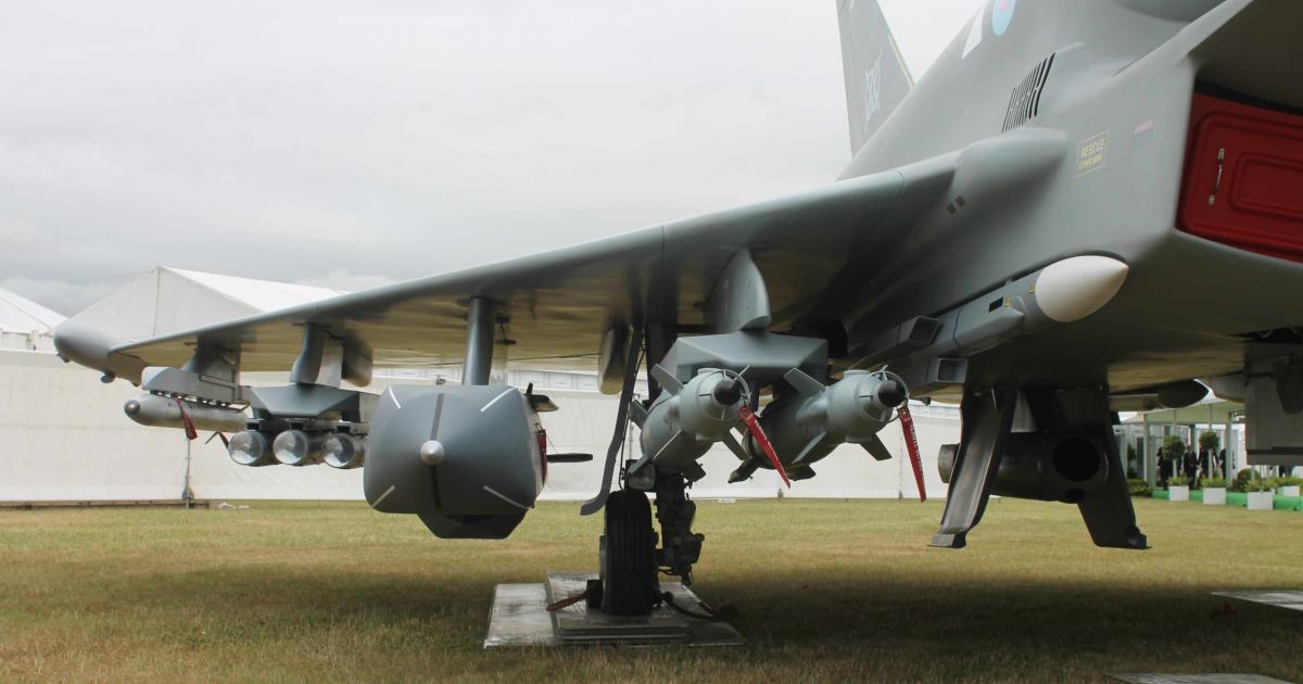 The complete set of weapons planned for the RAF’s Typhoon fleet are displayed on the full-scale model. From left to right: ASRAAM; Brimstone; Storm Shadow; Paveway and Meteor. (Photo: Chris Pocock)