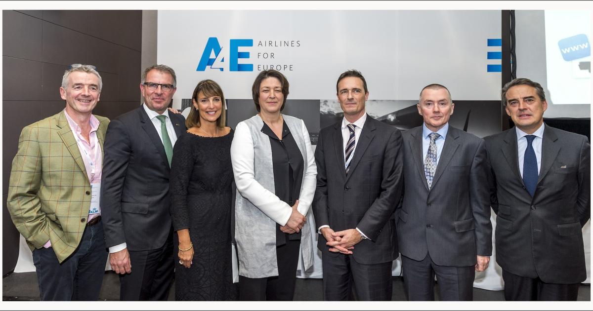 European transport commissioner Violeta Bulc, center in white jacket, poses at launch event with Airlines for Europe CEOs. (Photo: A4E)