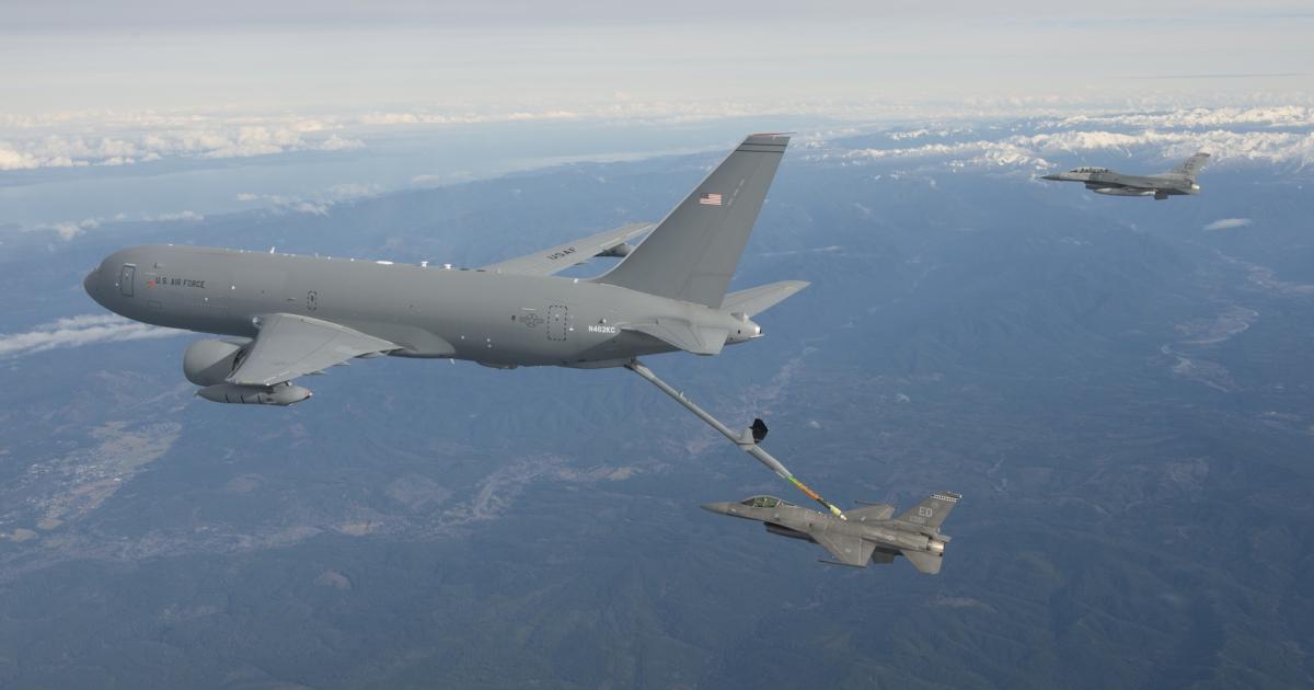 The KC-46A tanker completes its first aerial refueling flight on January 24 over Washington state. (Photo: Paul Weatherman, Boeing)