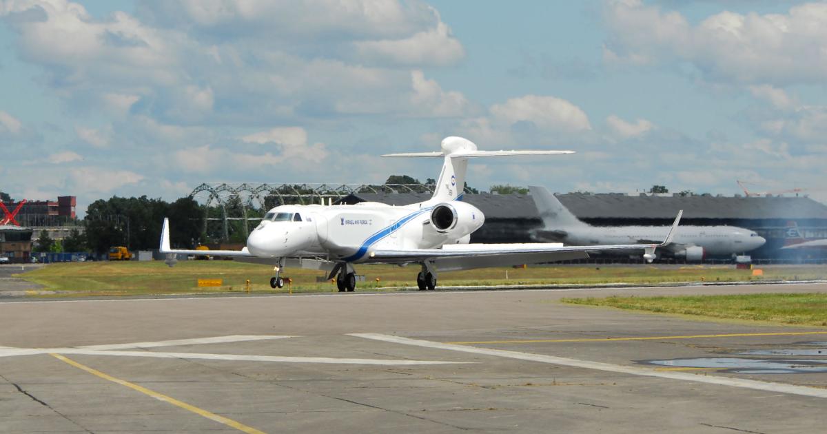 An Israel Air Force special-mission G550 appeared in public for the first time at the 2008 Farnborough Airshow (Photo: Roger Bain).