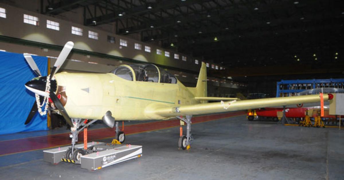Hindustan Aeronautics has rolled out the unpainted HTT-40 prototype at Bangalore. (Photo: HAL)