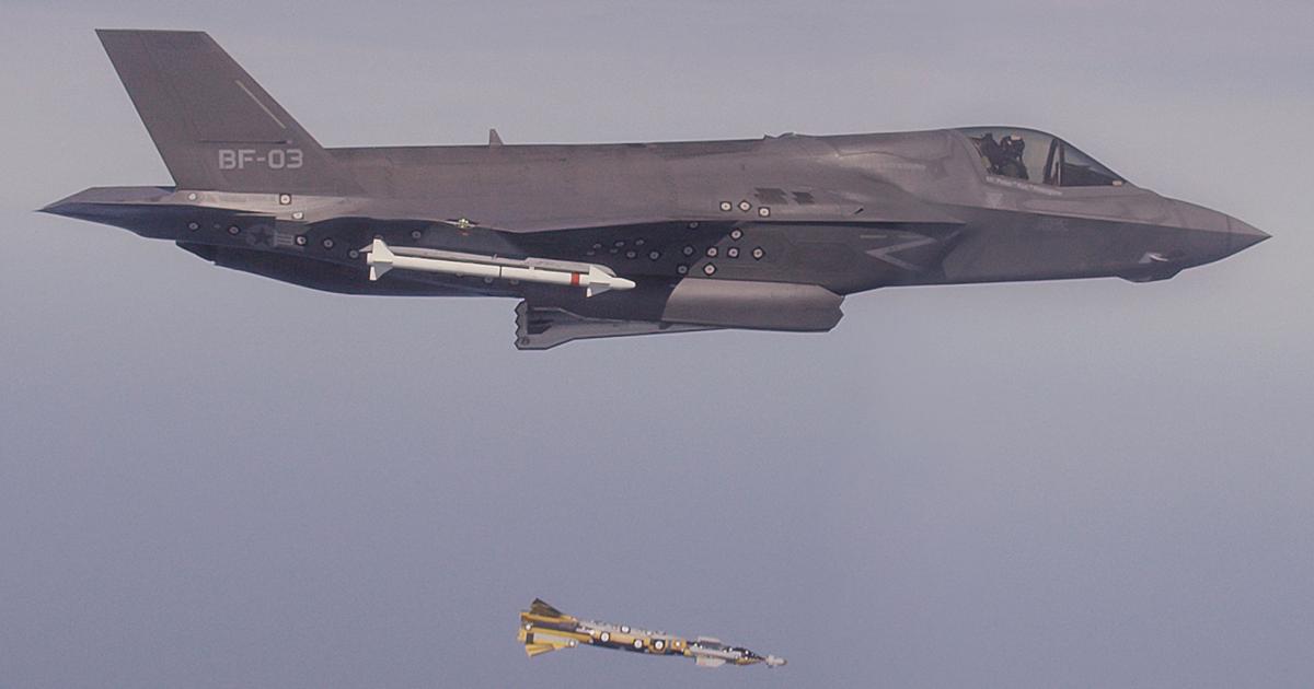 A Paveway IV precision-guided bomb is shown being released from an F-35B Lightning II during initial testing in mid-2015.