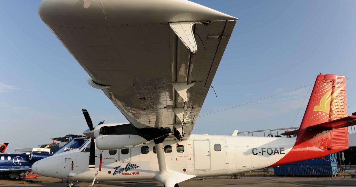 Viking Aircraft's Twin Otter 400S seaplane will feature new-generation composite floats, the Honeywell “Super-Lite” integrated digital avionics suite and Pratt & Whitney Canada PT6A-27s turning platinum-coated CT propeller blades. (Photo: Viking Aircraft)