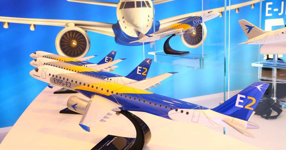 Embraer's new E2 family of E-Jet narrow bodies take a big step from concept to reality with the February 25 rollout of the E190 E2 in Brazil. [Photo: AIN]