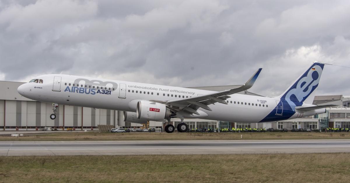 The first A321neo takes off from Hamburg powered by CFM Leap-1A turbofans. (Photo: Airbus)