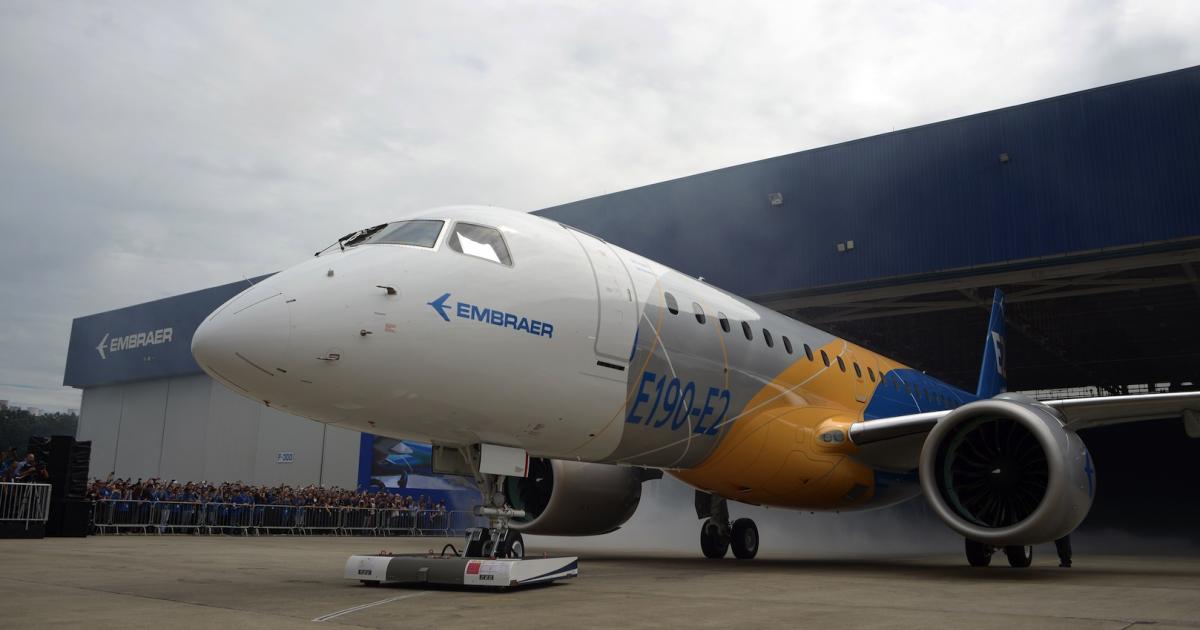 The first Embraer E190-E2 rolls out from the company's assembly hall in Sao Jose dos Campos, Brazil. (Photo: Embraer)