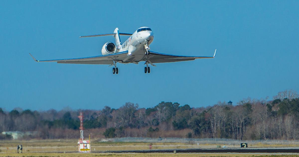 T4, the fourth flight-test Gulfstream G500, returns to Savannah-Hilton Head International Airport on Saturday, February 20, after its three-hour, 17-minute first flight. The aircraft is one of five G500s earning FAA certification, expected in 2017. (Photo: Gulfstream Aerospace)