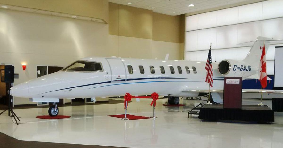 Canadian business jet charter, management, sales and fractional provider Aurora Jet Partners accepted the milestone 75th Bombardier Learjet 75 during a February 24, 2016, ceremony at the manufacturer’s plant in Wichita, where the light jets are assembled. (Photo: Bombardier Aerospace)