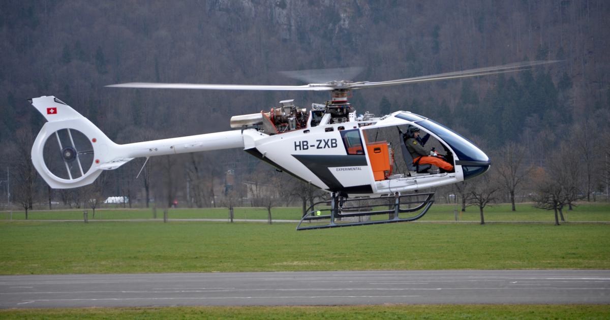 Marenco Swisshelicopter flew its second SKYe SH09 prototype, P2, on February 26 from Mollis Airport in Switzerland. P2, which is now the main test vehicle, has been fitted with a new rotor head and blades intended to reduce vibration and complexity on the rotor head. EASA certification is now planned for 2017, with FAA validation to follow by one year.
