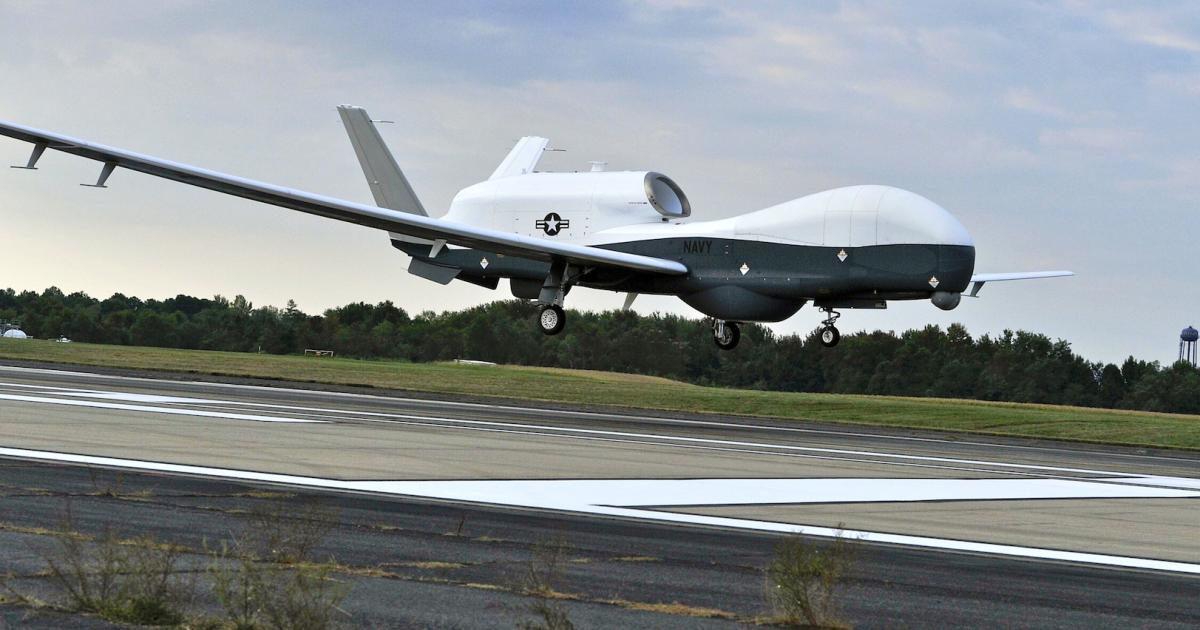 MQ-4C Triton lands at Naval Air Station Patuxent River, Md., in September 2014 after its first cross-country flight. (Photo: U.S. Navy)