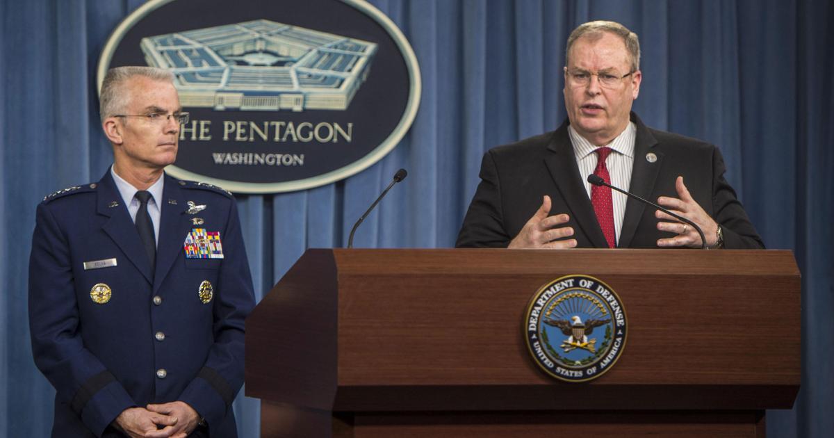 Deputy Defense Secretary Bob Work announces details of the U.S. Fiscal Year 2017 defense budget proposal as Air Force General Paul J. Selva, vice chairman of the Joint Chiefs of Staff, looks on. (Photo: DoD)
