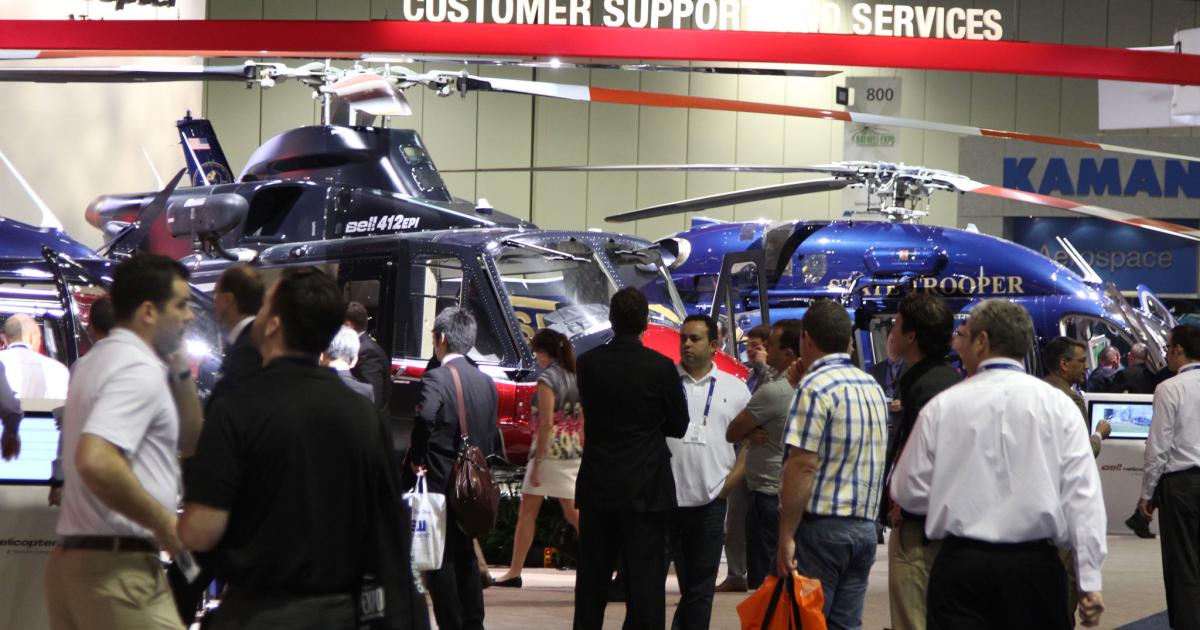 While oil-and-gas industry woes have hit the helicopter industry, all will not be gloom-and-doom on the Heli-Expo 2016 exhibit floor, which opens on March 1. In fact, several interesting announcements are expected at the show, as are numerous helicopter sales. (Photo: Mariano Rosales/AIN)