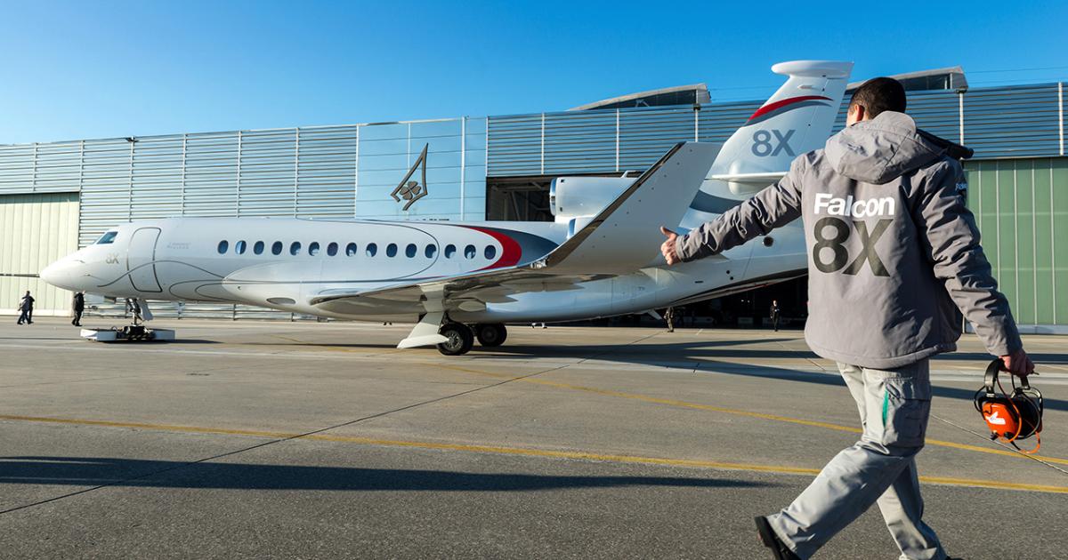 Second-half deliveries will be boosted as shipments of the new Falcon 8X begin, helping Dassault to reach its target of 60 Falcon deliveries this year. The tri-jet is slated to be certified in the middle of this year. (Photo: Dassault Falcon)