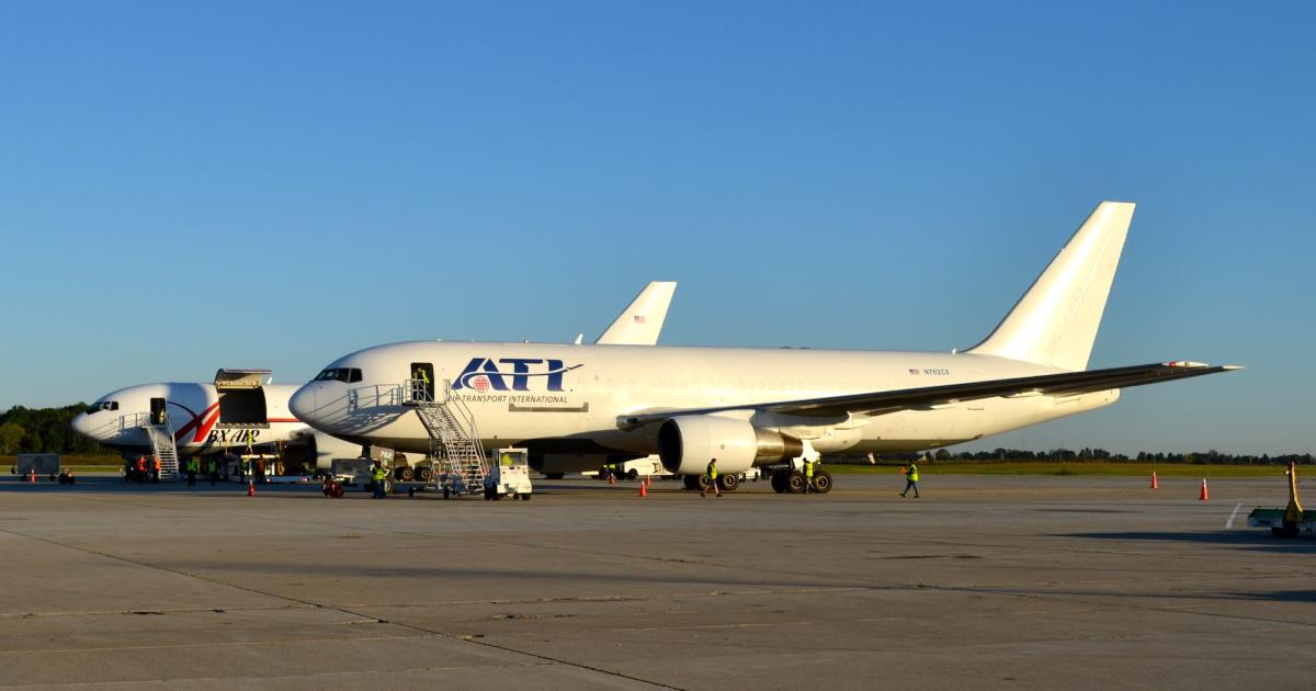 Air Transport International and ABX Air Boeing 767s are parked together on the ramp during morning operations. (Photo: ATSG)
