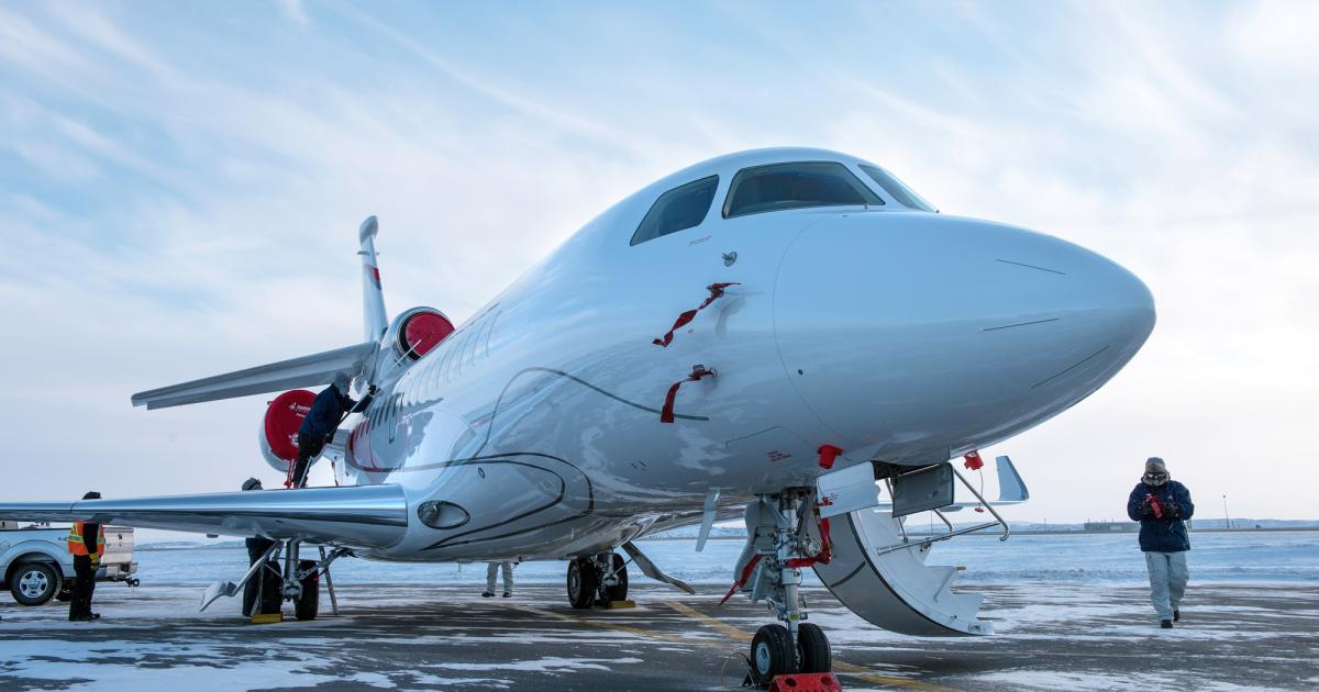 Dassault Falcon 8X S/N 03, which has a full interior, successfully conducted cold soak trials in Ranken Inlet, Nunavut, on the northwestern shore of Canada’s Hudson Bay, in mid-March. The ultra-long-trijet is now in the final stages of flight testing and is expected to obtain both EASA and FAA certification before June. (Photo: Dassault Aviation/Veronique Almansa)