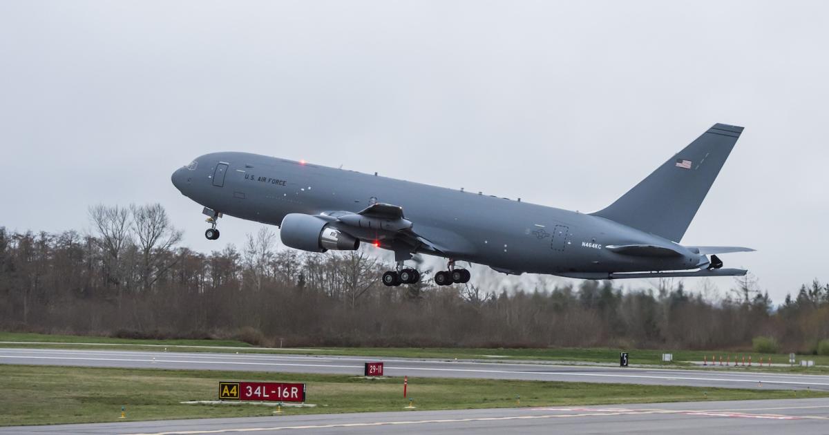 Boeing's second full KC-46A tanker, designated EMD-4, takes off from Paine Field on March 2. (Photo: Gail Hanusa, Boeing)