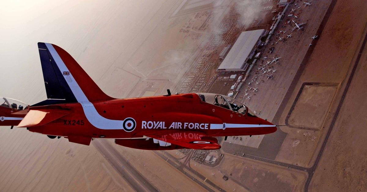 A BAE Hawk with the Royal Air Force Red Arrows aerobatic team performs during the 2013 Dubai Airshow. (Photo: BAE Systems)