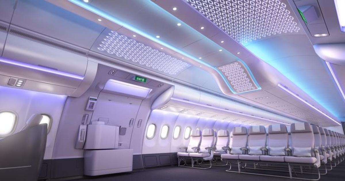 The new A330neo Airspace entryway area features LED mood lighting, 3D ceiling patterns illuminated from behind and "Gobo" light patterns projected onto surfaces. (Image: Airbus)