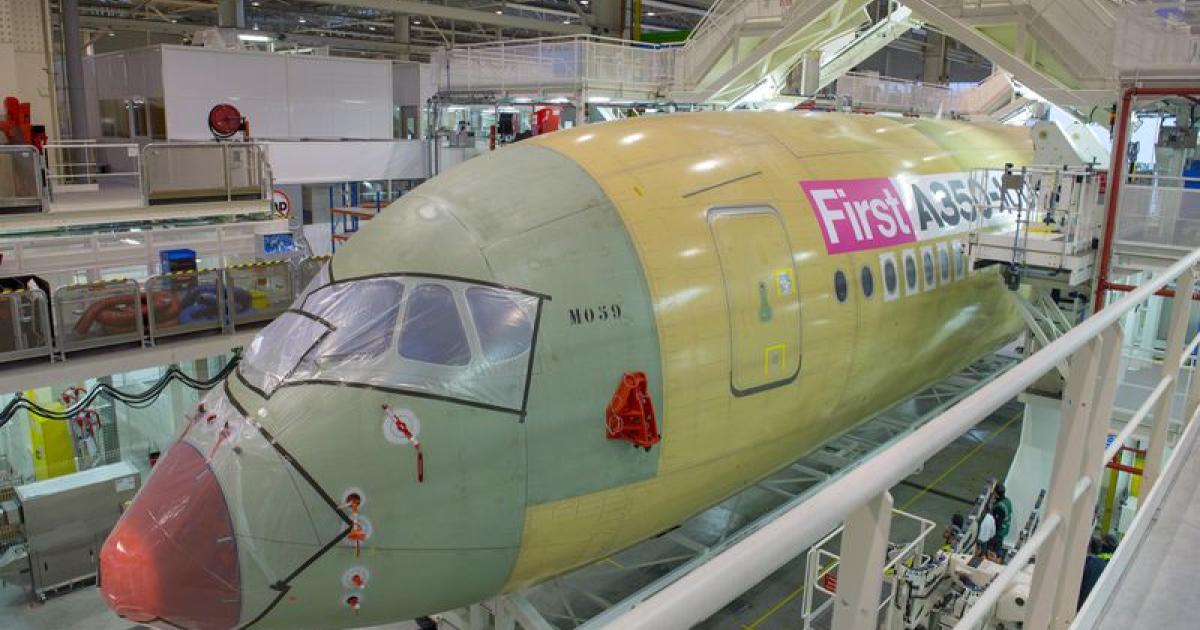 The first Airbus A350-1000 undergoes final assembly in Toulouse, France. (Photo: Airbus)