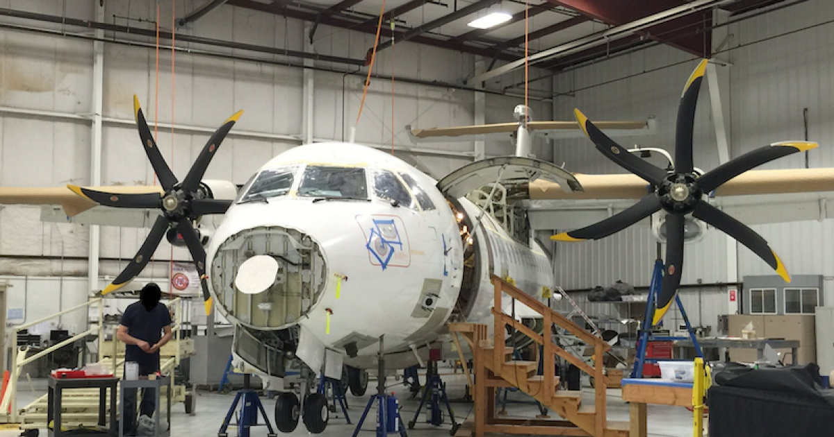 The Department of Justice Office of Inspector General provided this photo of the DEA's ATR 42-500 aircraft undergoing modifications.