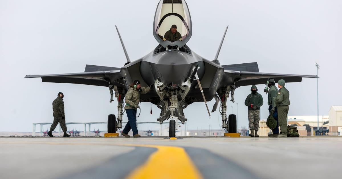 U.S. airmen attend to an F-35A Lightning II fighter at Mountain Home AFB, Idaho, in February. (Photo: U.S. Air Force)