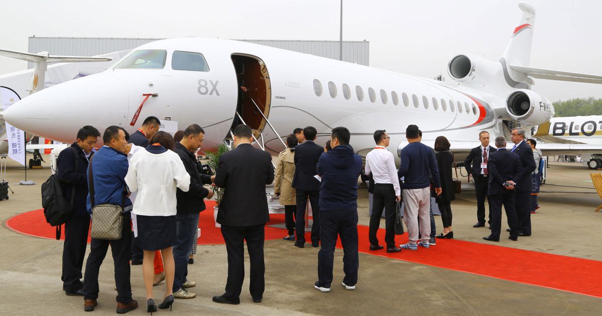 Boosted by the Chinese debut of its new Falcon 8X at the ABACE show in Shanghai this week, Dassault also signed another order for the Falcon 7X, which will go to an undisclosed Chinese customer later this year. [Photo: David McIntosh]