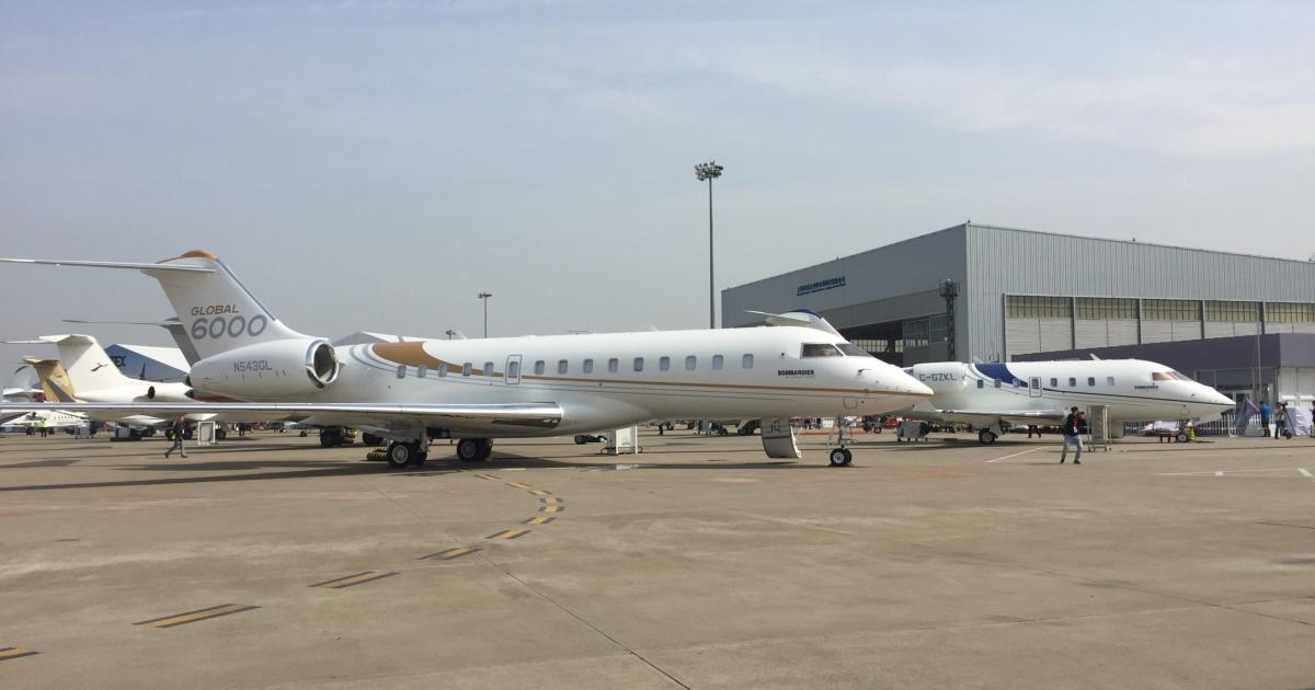 Singapore-based charter operator Zetta Jet today confirmed orders for two more Bombardier Global 6000s like this one on display at the ABACE show in Shanghai. (Photo: Chad Trautvetter/AIN)