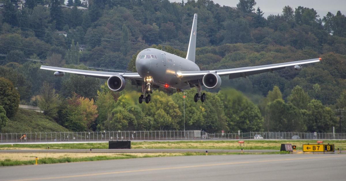 The first "full-up" KC-46A tanker of four prototypes lands at Boeing Field, Seattle, on Sept. 25, 2015 after first flight. (Photo: Boeing)