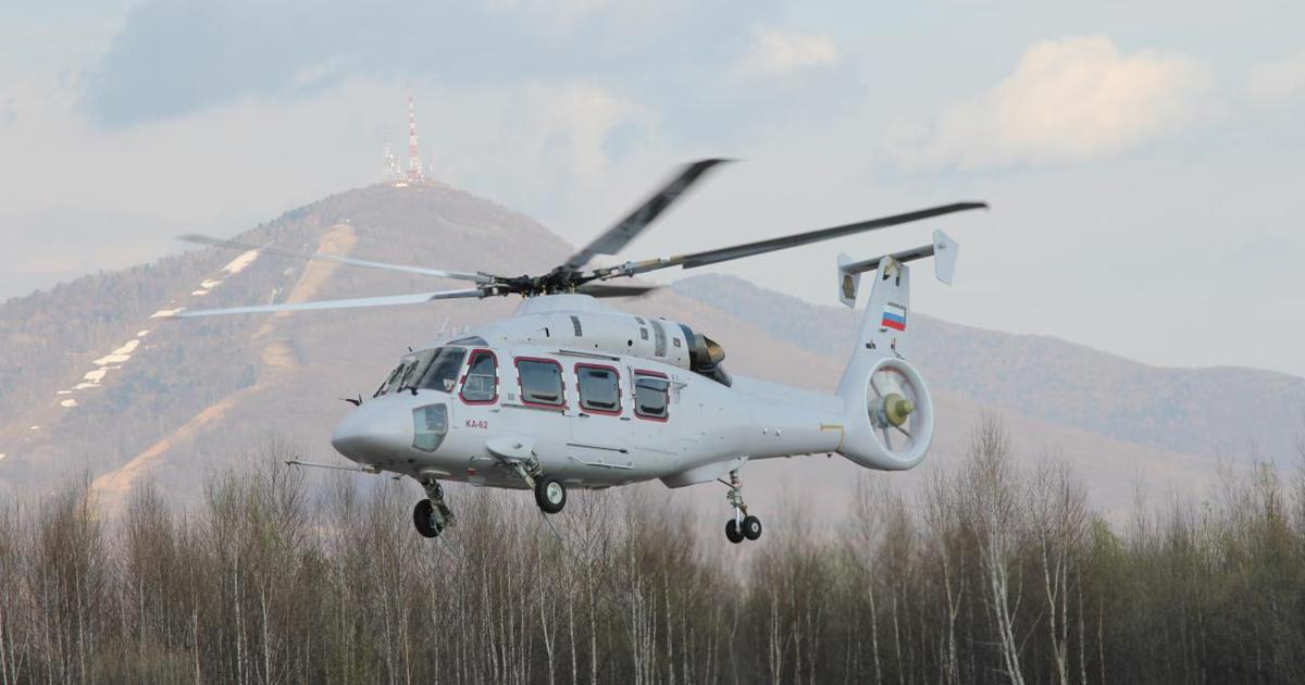 Russian Helicopters' first prototype of its Ka-62 medium twin made its maiden flight on April 28, following several years of unexplained delays. The Ka-62 is powered by a pair of 1,680-shp Turbomeca Ardiden 3Gs. (Photo: Russian Helicopters)